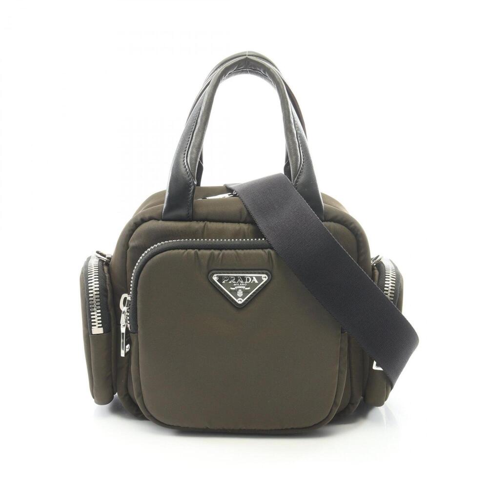 Prada TESSUTO POCKET 2-Way Handbag, Nylon and Leather, Women's, Khaki/Black, ...